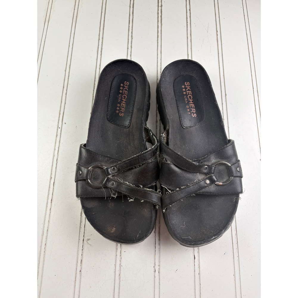 Skechers Vintage Y2K Black Leather Platform Slide Sandals Women's Size 7 - Picture 3 of 11